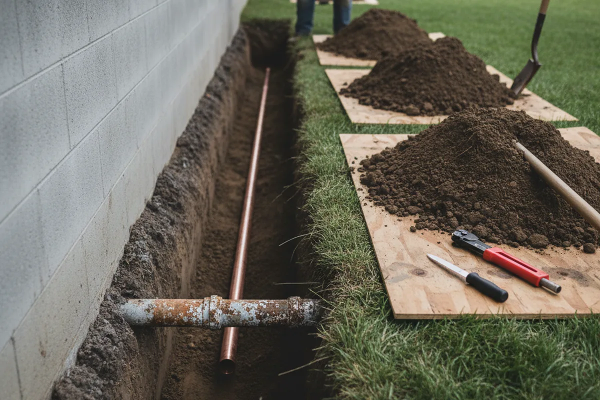 Excavated water line trench during Water Softener Installation in Volcano